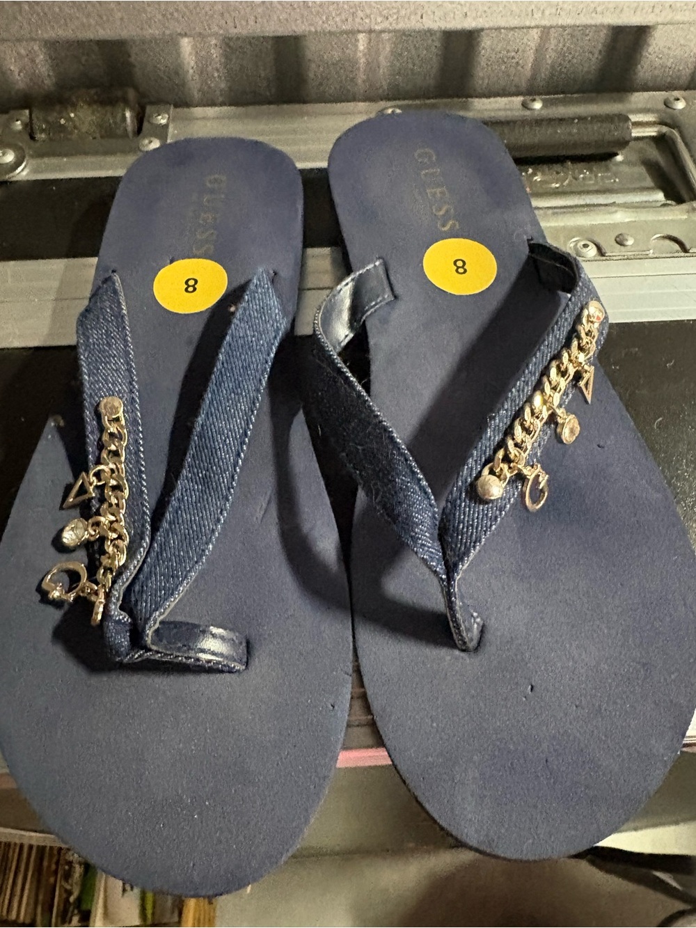 Guess Navy Flip Flops with Gold Chain Charms - Women